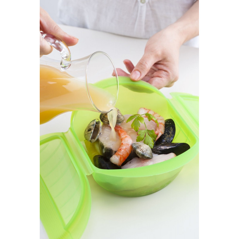 Vas pentru gatit la abur in cuptorul cu microunde Lekue 1009027, 500 ml, 1-2 portii, Silicon platin, Verde