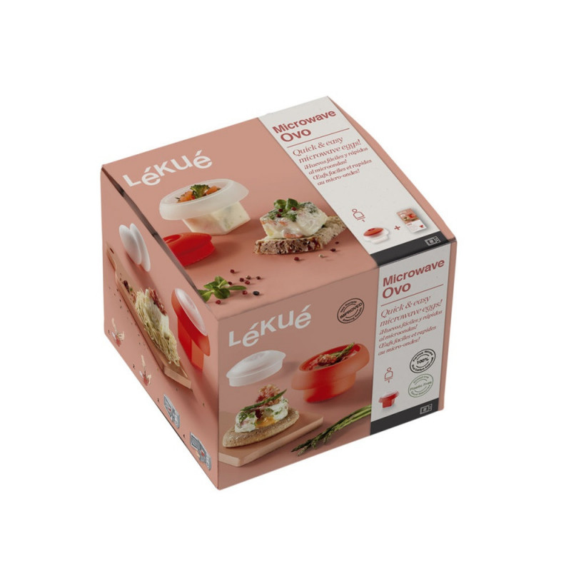 Recipient gatit oua la cuptorul cu microunde Lekue 1009028, 100 ml, 1 ou, Silicon platinat, Transparent/Rosu