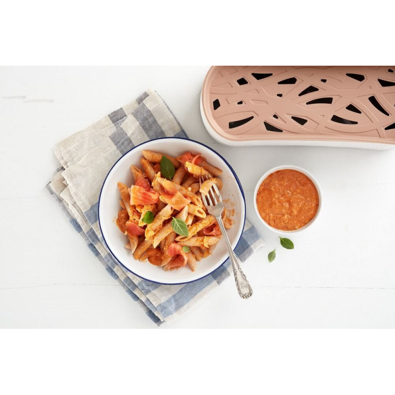 Vas pentru gatit paste in cuptorul cu microunde Lekue 1009032, 1,5 L, 28x11x11,2 cm, Silicon platinat, -20/+100 °C, Alb/Maro