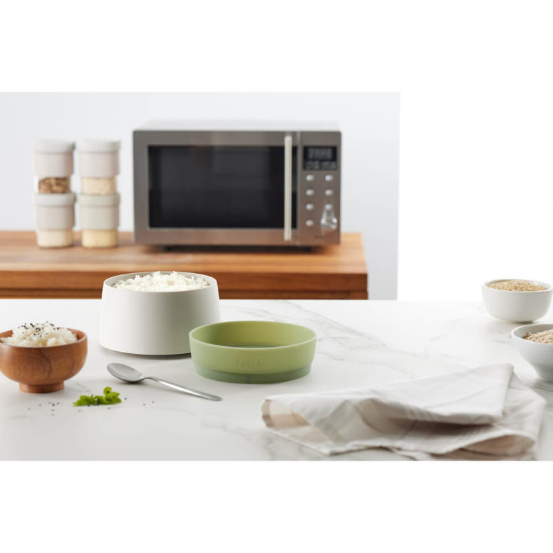 Vas de gatit orez si quinoa la cuptorul cu microunde Lekue 1009033, 1 L, până la 4 porții, 17,8 x 13 cm, -20/+100°C, Alb/Verde