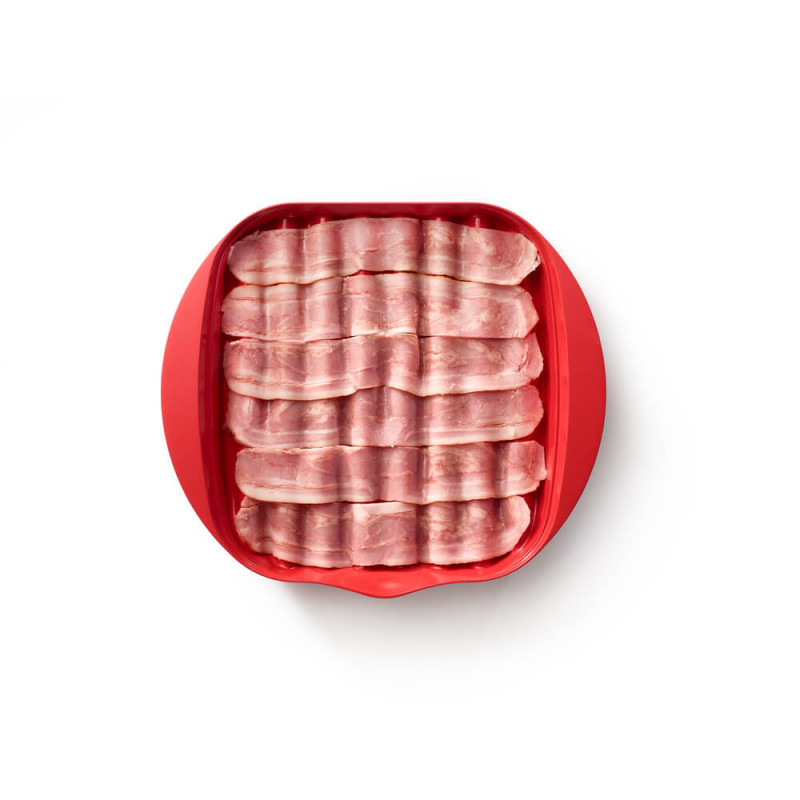 Vas de gatit bacon la cuptorul cu microunde Lekue 1009034, Pana la 6 slice, 25x28x6 cm, -2/+150 °C,Rosu
