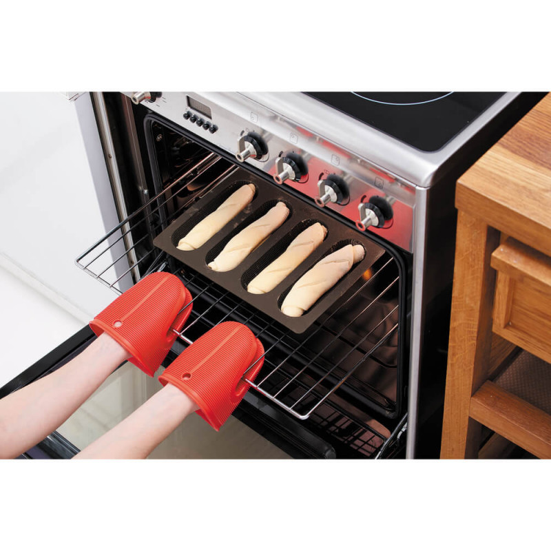 Tavă pentru baghete Lekue 1009039, 29x20x2 cm, 600 ml, 4 compartimente, silicon platinat, de la -60 la +220 °C, maro