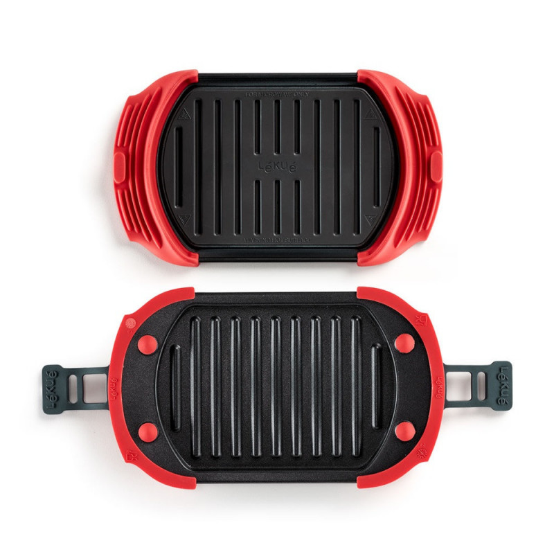 Lekue 1009081 Tigaie pentru cuptor cu microunde, 25,2 x 14,8 x 5,4 cm, silicon platin, oțel cu acoperire antiaderentă, 0 până la +240 °C, roșu