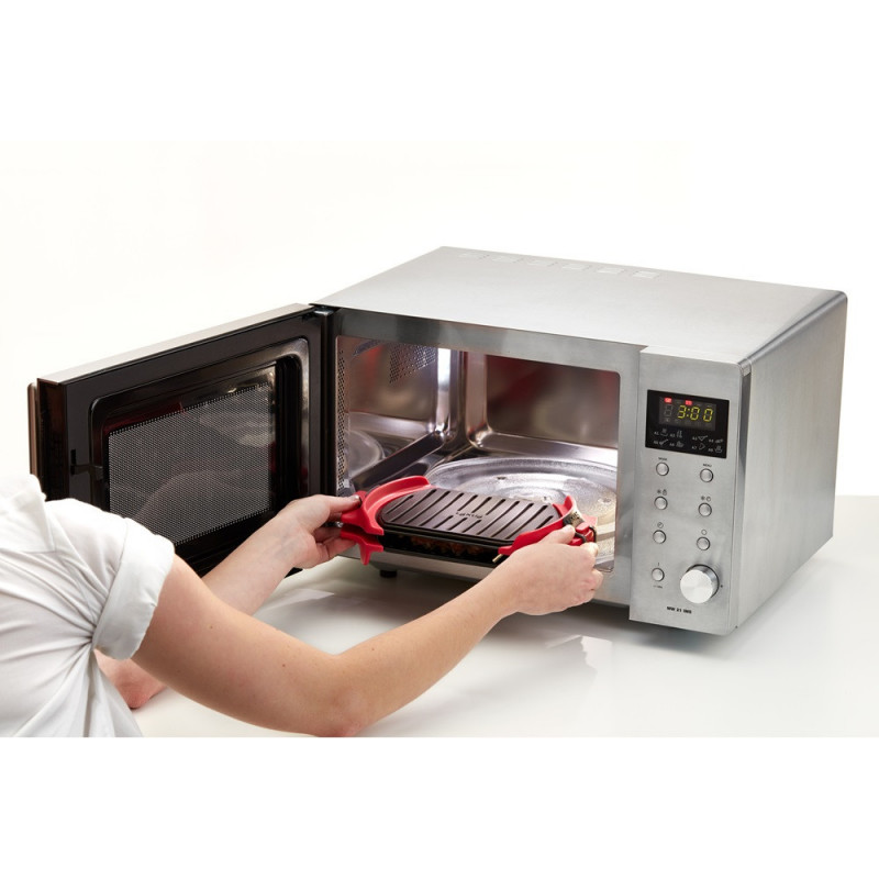 Lekue 1009081 Tigaie pentru cuptor cu microunde, 25,2 x 14,8 x 5,4 cm, silicon platin, oțel cu acoperire antiaderentă, 0 până la +240 °C, roșu