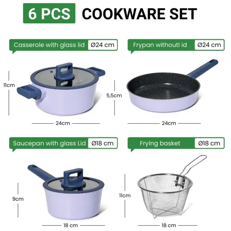 Set de cratite, cos de prajit si tigaie Just Perfecto JL-330, 6 piese, Acoperire din marmura, Inductie, Capac din sticla cu orificiu pentru abur, Violet/albastru