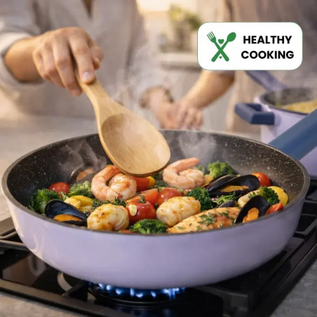 Set de cratite, cos de prajit si tigaie Just Perfecto JL-330, 6 piese, Acoperire din marmura, Inductie, Capac din sticla cu orificiu pentru abur, Violet/albastru