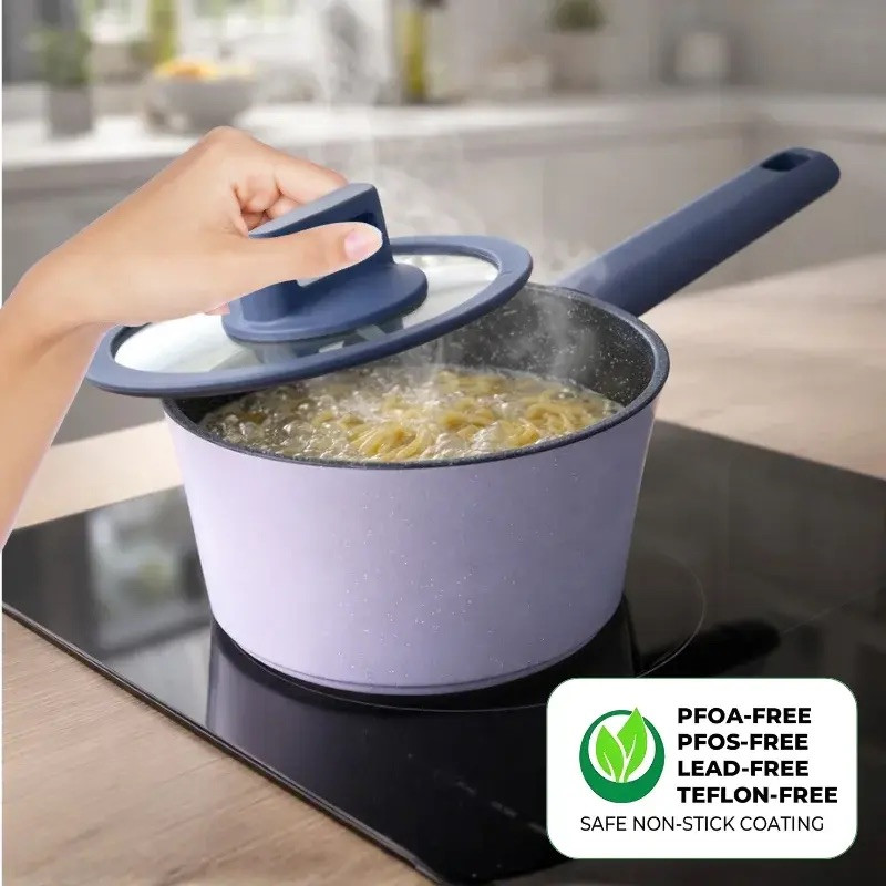 Set de cratite, cos de prajit si tigaie Just Perfecto JL-330, 6 piese, Acoperire din marmura, Inductie, Capac din sticla cu orificiu pentru abur, Violet/albastru