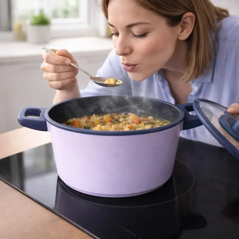 Set de cratite, cos de prajit si tigaie Just Perfecto JL-330, 6 piese, Acoperire din marmura, Inductie, Capac din sticla cu orificiu pentru abur, Violet/albastru