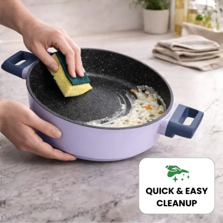 Set de cratite, cos de prajit si tigaie Just Perfecto JL-330, 6 piese, Acoperire din marmura, Inductie, Capac din sticla cu orificiu pentru abur, Violet/albastru