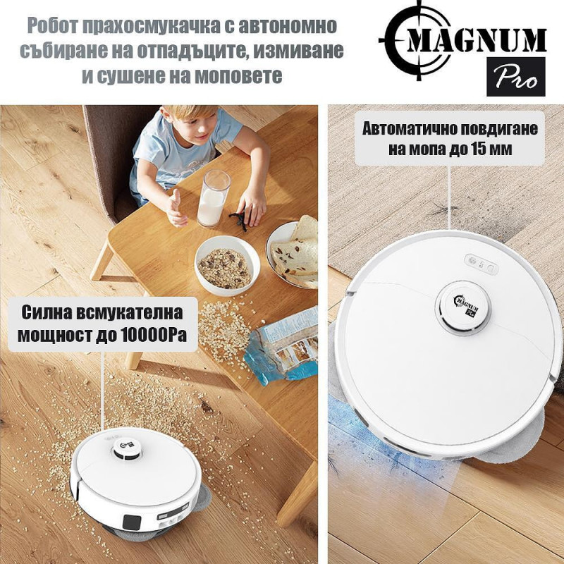 Aspirator robot Magnum PRO, 55 W, 10000 Pa, 0,3 l, 130 min, Wi-Fi, LDS, Notificari vocale, Statie automatа de apa si autocuratare, HEPA, Alb