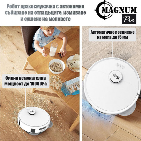 Aspirator robot Magnum PRO, 55 W, 10000 Pa, 0,3 l, 130 min, Wi-Fi, LDS, Notificari vocale, Statie automatа de apa si autocuratare, HEPA, Alb
