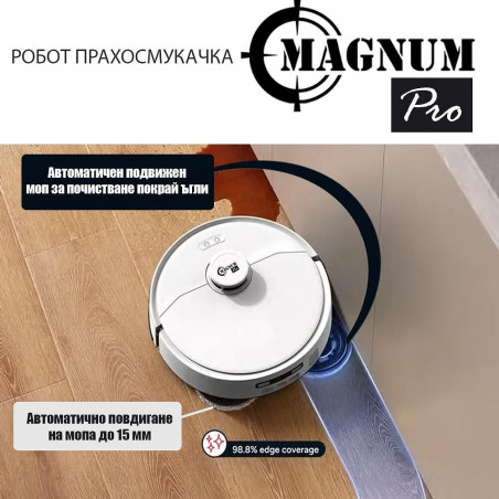 Aspirator robot Magnum PRO, 55 W, 10000 Pa, 0,3 l, 130 min, Wi-Fi, LDS, Notificari vocale, Statie automatа de apa si autocuratare, HEPA, Alb