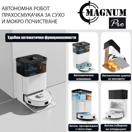 Aspirator robot Magnum PRO, 55 W, 10000 Pa, 0,3 l, 130 min, Wi-Fi, LDS, Notificari vocale, Statie automatа de apa si autocuratare, HEPA, Alb