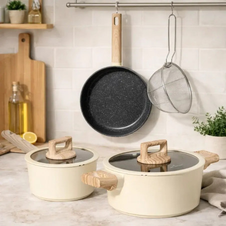 Set cratite, cos de prajit si tigaie Just Perfecto JL-331, 6 piese, Acoperire marmura, Inductie, Capac din sticla cu orificiu pentru abur, Bej