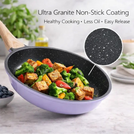 Set de oale si tigai Just Perfecto JL-34, 13 piese, Aluminiu, Acoperire din marmura, Capace din sticla cu orificiu pentru abur, Fara PTFE si PFOA, Inductie, Violet/bej