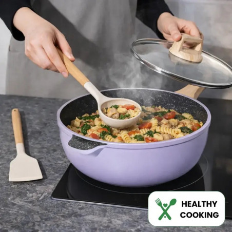 Set de oale si tigai Just Perfecto JL-34, 13 piese, Aluminiu, Acoperire din marmura, Capace din sticla cu orificiu pentru abur, Fara PTFE si PFOA, Inductie, Violet/bej