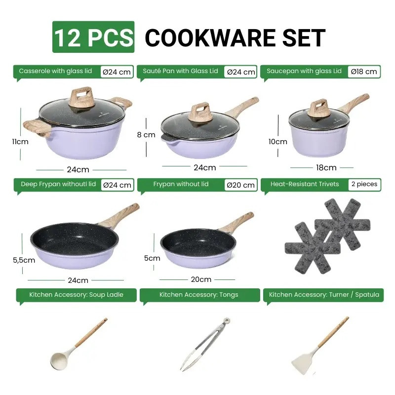Set de oale si tigai Just Perfecto JL-34, 13 piese, Aluminiu, Acoperire din marmura, Capace din sticla cu orificiu pentru abur, Fara PTFE si PFOA, Inductie, Violet/bej