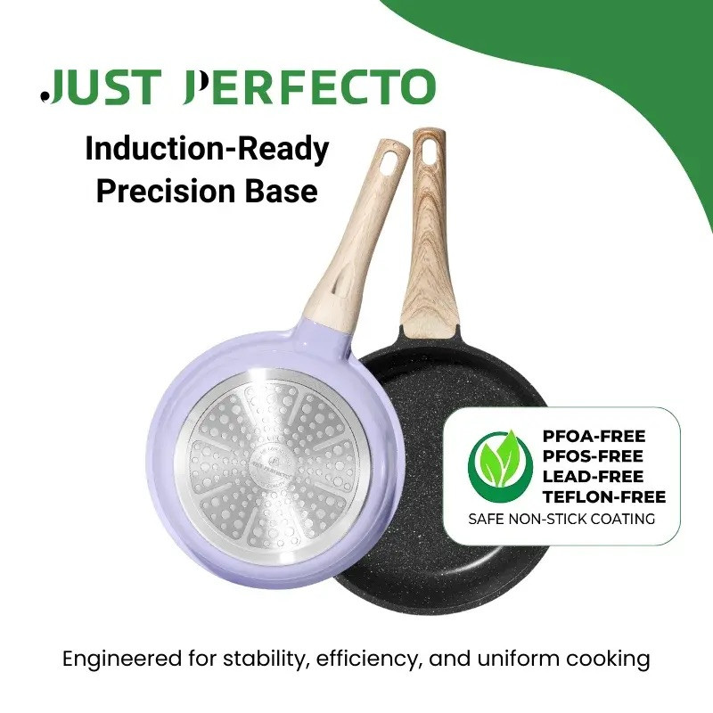 Set de oale si tigai Just Perfecto JL-34, 13 piese, Aluminiu, Acoperire din marmura, Capace din sticla cu orificiu pentru abur, Fara PTFE si PFOA, Inductie, Violet/bej