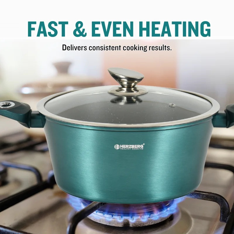 Set oale si tigai Herzberg HG-METBL15, 13 piese, Aluminiu 3003, Acoperire marmura, Capace din sticla, Inductie, Verde albastru