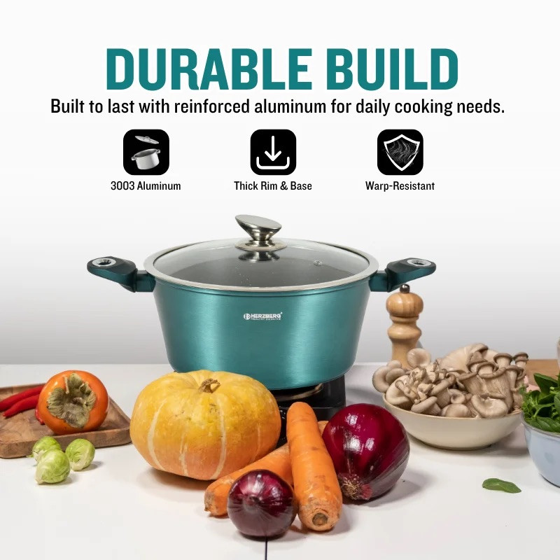 Set oale si tigai Herzberg HG-METBL15, 13 piese, Aluminiu 3003, Acoperire marmura, Capace din sticla, Inductie, Verde albastru