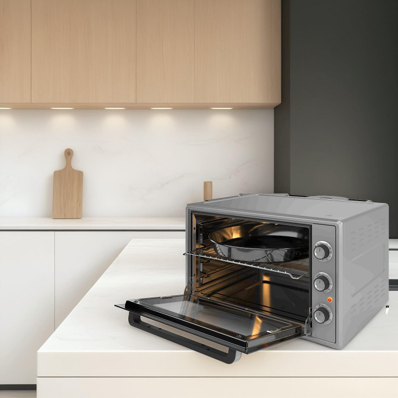 Cuptor electric Elite EMO-FL 65 2591, 2000 W, 65 litri, 3 moduri, Sticla dubla, Termostat, Temporizator, Ventilator turbo, Gri