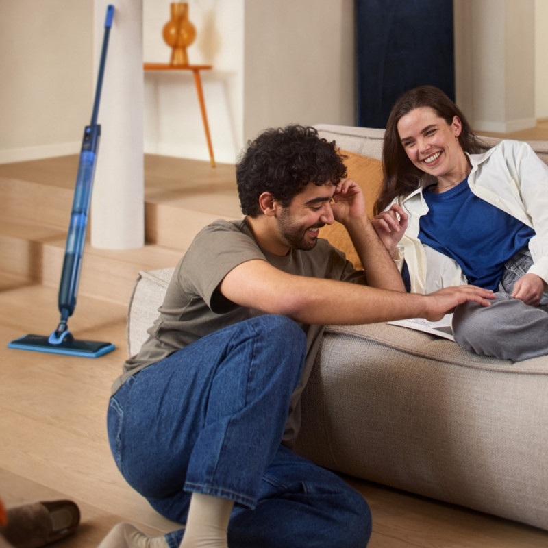 Mop electric Philips OneUp XV5113/01, 2 Ah, 70 min, 50 m², 281/178 ml, 2 moduri, cap rotativ la 360°, indicator LED, încărcare USB, albastru