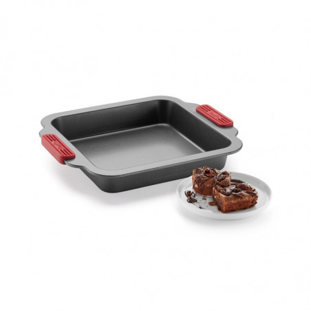 Tava de copt Lekue 1009437, 20x20 cm, Acoperire ceramica antiaderentă, Otel carbon, +4°C / +240°C, Negru/rosu