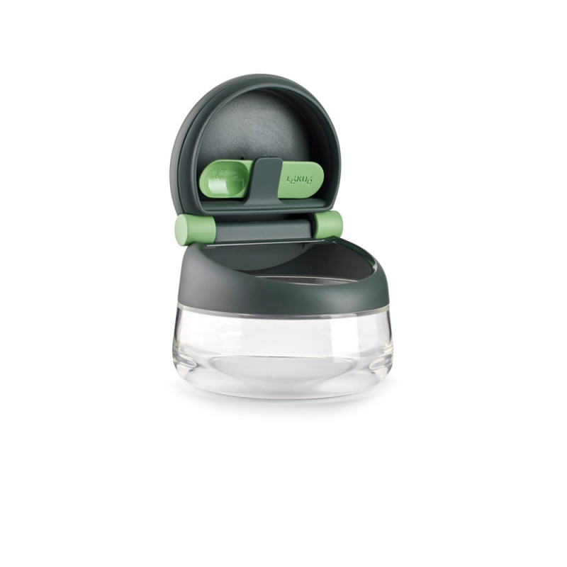 Recipient pentru sare/zahar/condimente Lekue 1009488, Ø12,4x10,1 cm, Sticla borosilicata, Lingura de masurare, +4°C / +80°C, Negru