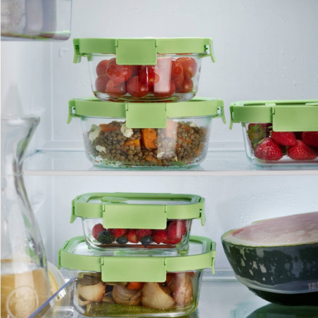 Set 3 caserole sticla depozitare alimente Lekue 1009493, 0,5/0,8/1,1 l, Capac, Supapa pentru cuptor cu microunde, -20/+100°C, Verde