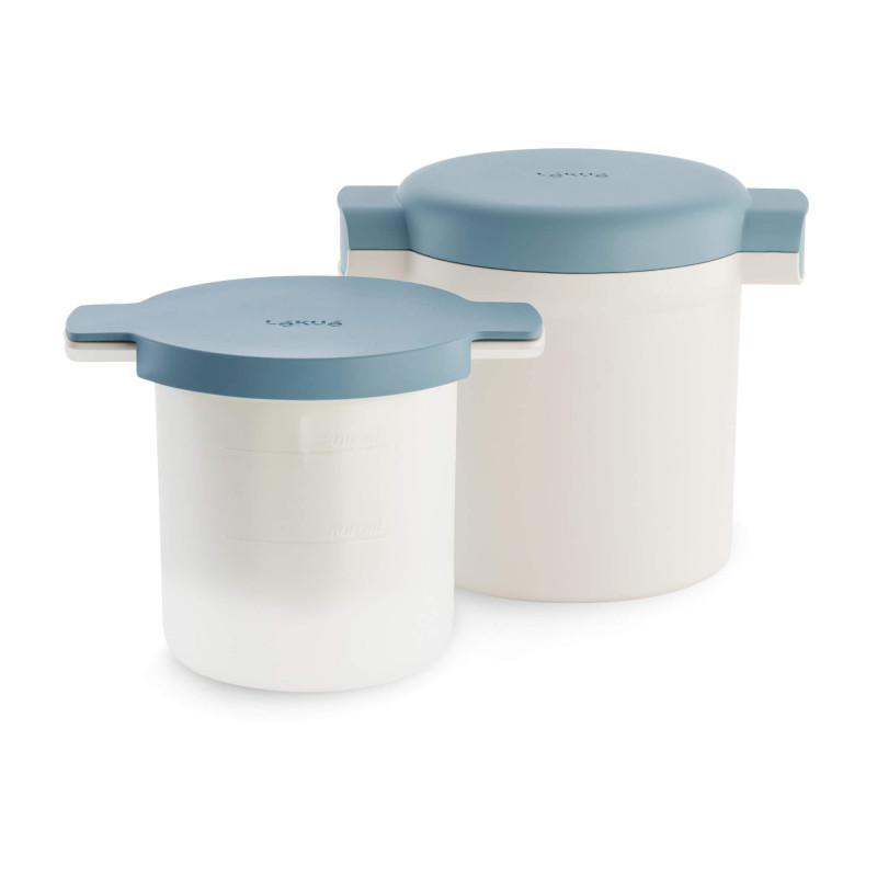 Set cupe preparare kefir si iaurt Lekue 1010155, 18,5 x 14,5 x 15,5 cm, +4°C / +90°C, Alb/Albastru