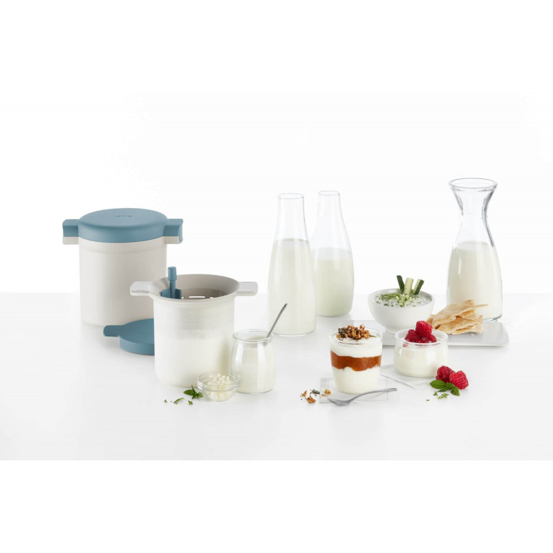 Set cupe preparare kefir si iaurt Lekue 1010155, 18,5 x 14,5 x 15,5 cm, +4°C / +90°C, Alb/Albastru
