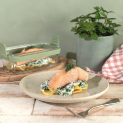 Set de 2 forme de copt dreptunghiulare Lekue 1010158, Pentru friteuză, Mânere din silicon, Sticlă borosilicată, Verde