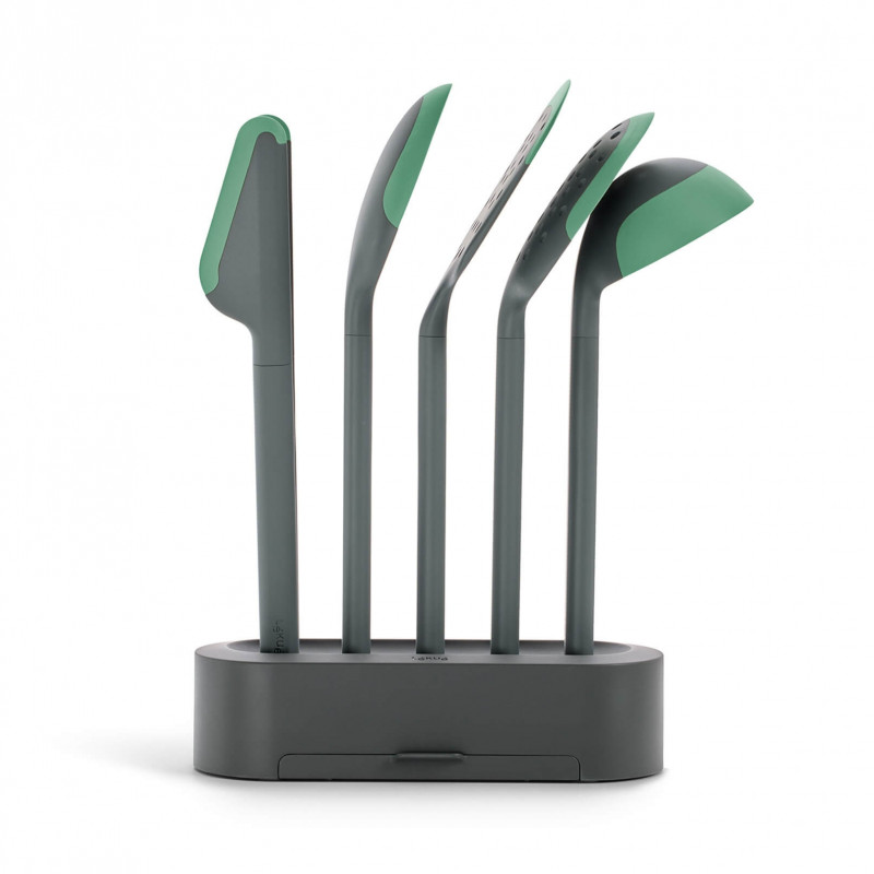 Set ustensile de bucatarie Lekue 1010178, 6 piese + suport, Margine din silicon, +4°C/+220°C, Verde