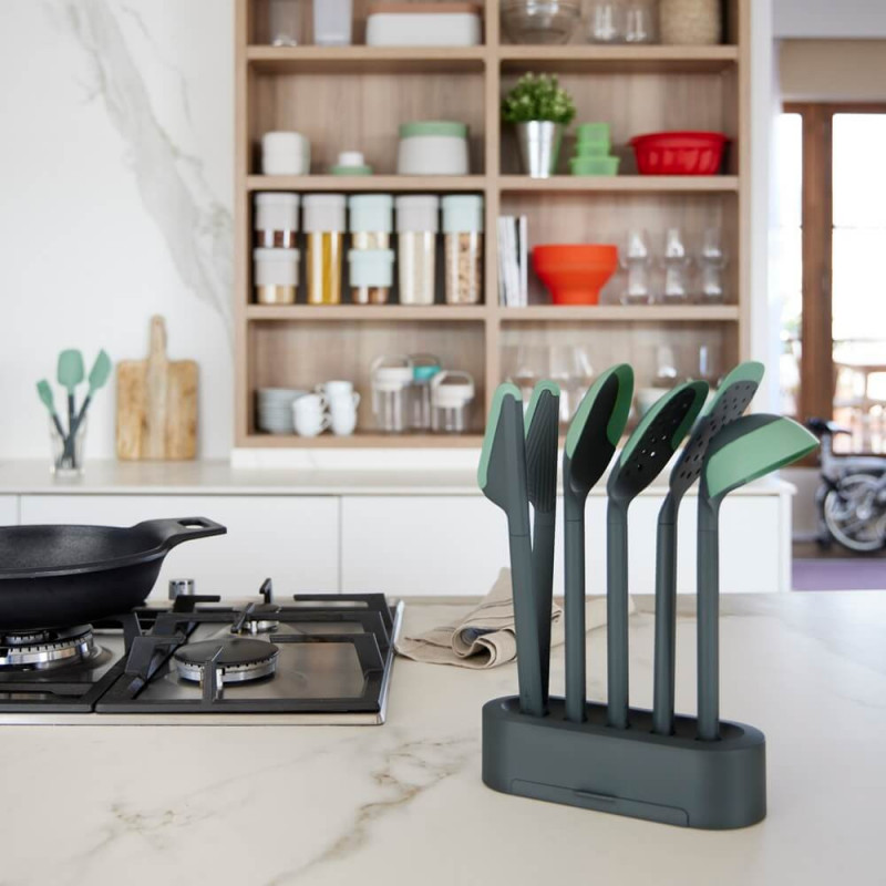 Set ustensile de bucatarie Lekue 1010178, 6 piese + suport, Margine din silicon, +4°C/+220°C, Verde