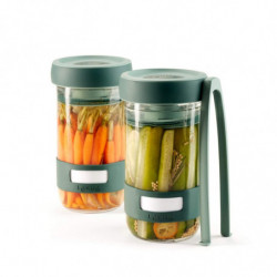 Set 2 borcane sticla pentru marinat Lekue 1010192, 2 x 700 ml, Disc de presare, -20/+100 °C, 3 piese, Verde