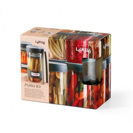 Set 2 borcane sticla pentru marinat Lekue 1010192, 2 x 700 ml, Disc de presare, -20/+100 °C, 3 piese, Verde