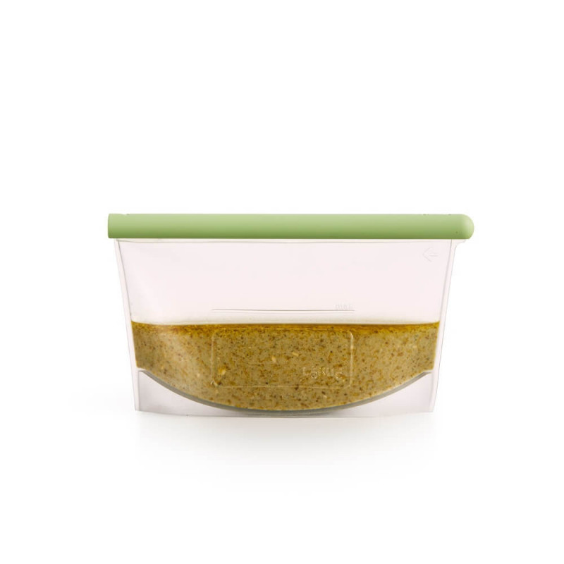 Lekue 1010208 pungă pentru depozitarea și congelarea lichidelor și alimentelor, 500 ml, silicon, rezistentă la scurgeri, câmp de etichetare, multifuncțională, -60/+220 °C, verde