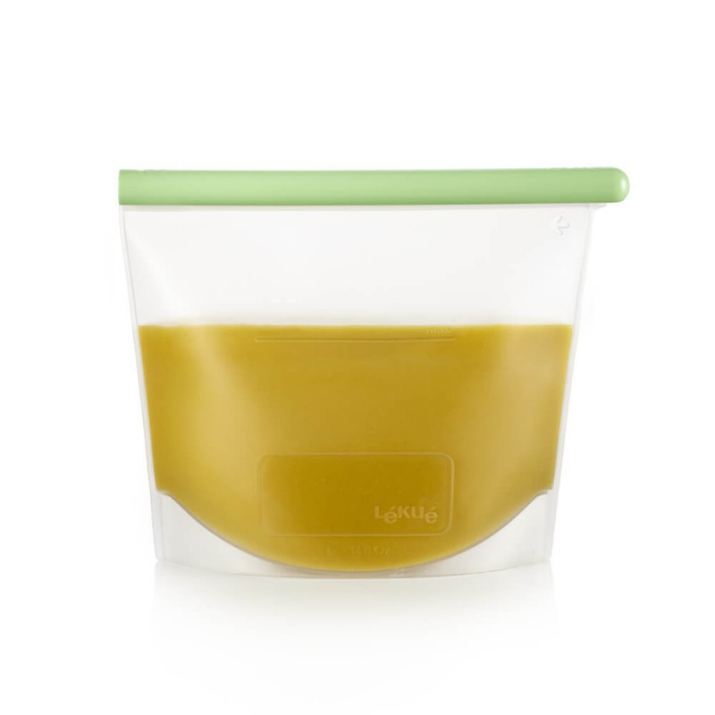 Lekue 1010209 pungă de depozitare și congelare pentru lichide și alimente, 1 litru, silicon, rezistentă la scurgeri, zonă de etichetare, multifuncțională, -60/+220 °C, verde
