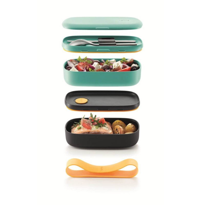 Set 2 cutii pentru alimente Lekue On The Go 1010220, 2x500 ml, Inchidere ermetica, Compartiment tacamuri, Supapa pentru cuptorul cu microunde, Turcoaz/ Negru