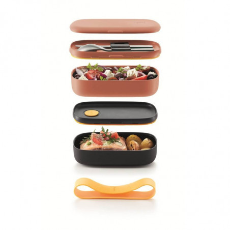 Set 2 recipiente pentru alimente Lekue On The Go 1010221, 2x500 ml, Inchidere ermetica, Compartiment tacamuri, Supapa pentru cuptorul cu microunde, Coral/Negru