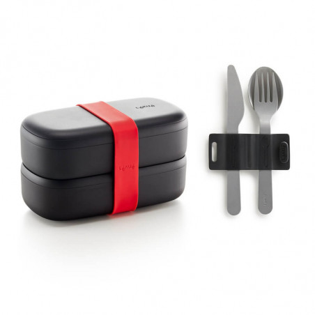 Set 2 cutii pentru pranz/alimentare Lekue On The Go 1010222, 2x500 ml, Tacamuri incluse, Polipropilena, -20°C/+100°C, Negru