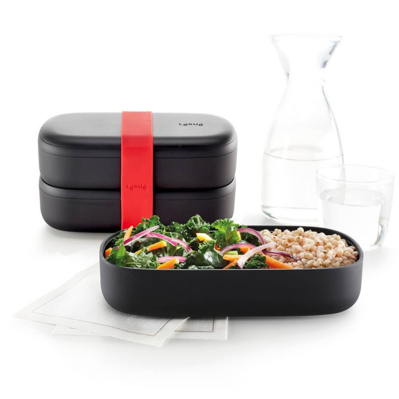 Set 2 cutii pentru pranz/alimentare Lekue On The Go 1010222, 2x500 ml, Tacamuri incluse, Polipropilena, -20°C/+100°C, Negru