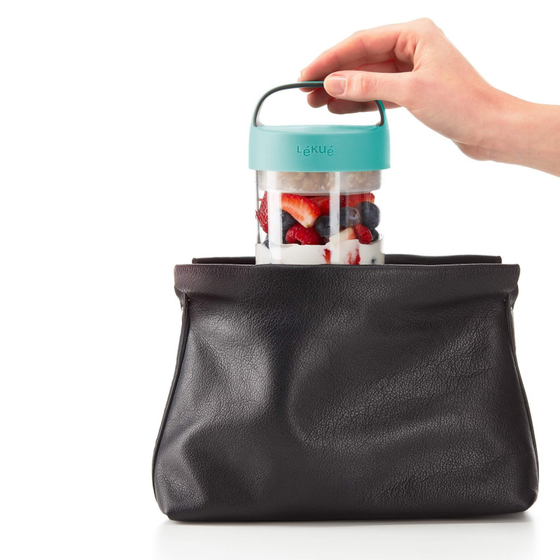 Sticla cu compartimente Lekue On The Go 1010225, 600 ml, -20/+100 °C, Inchidere ermetica, Maner, Turcoaz