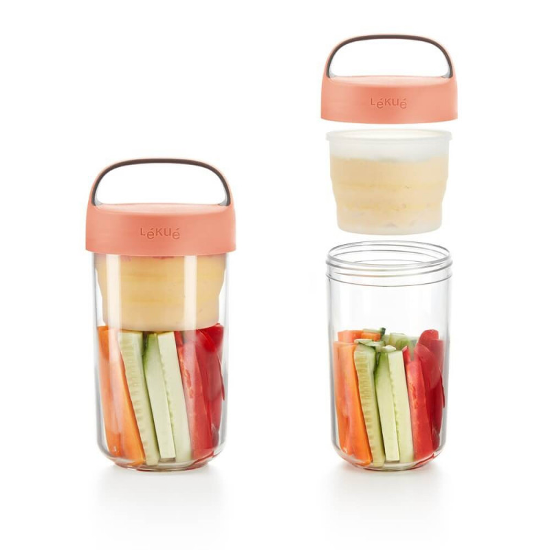 Sticla cu compartimente Lekue On The Go 1010226, 600 ml, -20/+100 °C, Inchidere ermetica, Maner, Coral