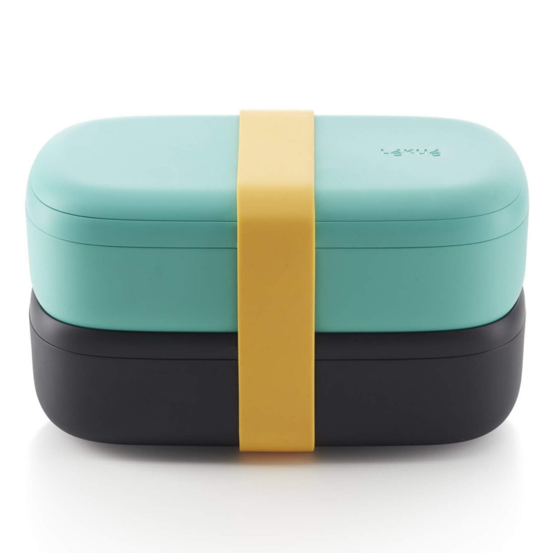 Set 2 cutii pentru alimente Lekue On The Go 1010220, 2x500 ml, Inchidere ermetica, Compartiment tacamuri, Supapa pentru cuptorul cu microunde, Turcoaz/ Negru