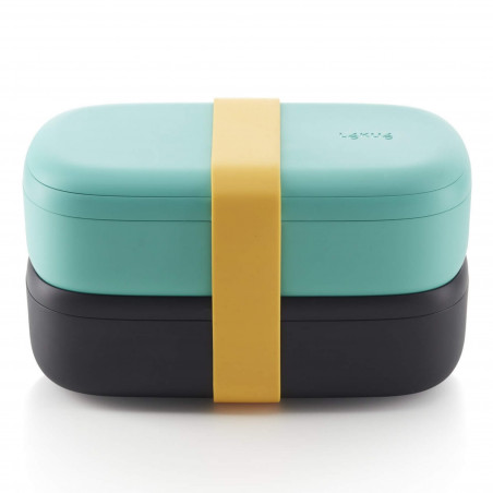 Set 2 cutii pentru alimente Lekue On The Go 1010220, 2x500 ml, Inchidere ermetica, Compartiment tacamuri, Supapa pentru cuptorul cu microunde, Turcoaz/ Negru