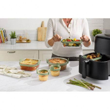 Tavă pentru friteuză cu aer cald Lekue 1010159, 18,5 x 17,5 x 9,5 cm, sticlă, mânere antiderapante, -20/+220 °C, ușor de curățat, verde