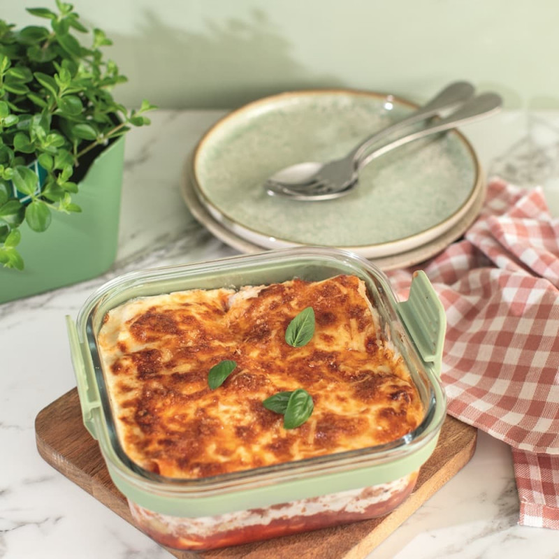 Tavă pentru friteuză cu aer cald Lekue 1010159, 18,5 x 17,5 x 9,5 cm, sticlă, mânere antiderapante, -20/+220 °C, ușor de curățat, verde