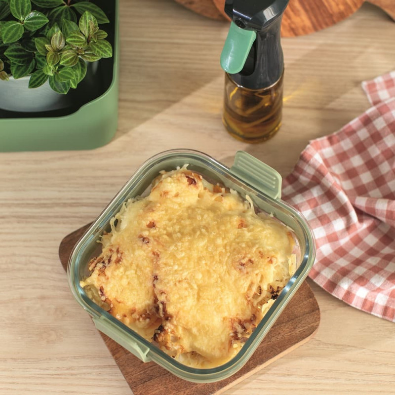 Tavă pentru friteuză cu aer cald Lekue 1010159, 18,5 x 17,5 x 9,5 cm, sticlă, mânere antiderapante, -20/+220 °C, ușor de curățat, verde