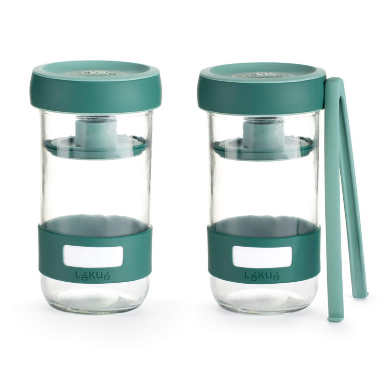 Set 2 borcane sticla pentru marinat Lekue 1010192, 2 x 700 ml, Disc de presare, -20/+100 °C, 3 piese, Verde